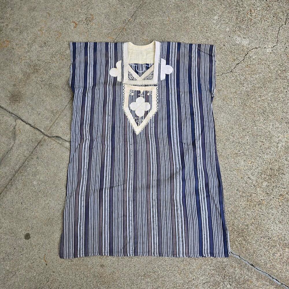 Vtg Ghana Ghanaian Batakari Fugu Embroidered Applique Stripe African Smock Tunic